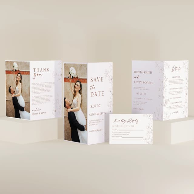All five Posy wedding stationery templates arranged on a white background — neutral floral invitation, details card, RSVP, save the date, and thank you card