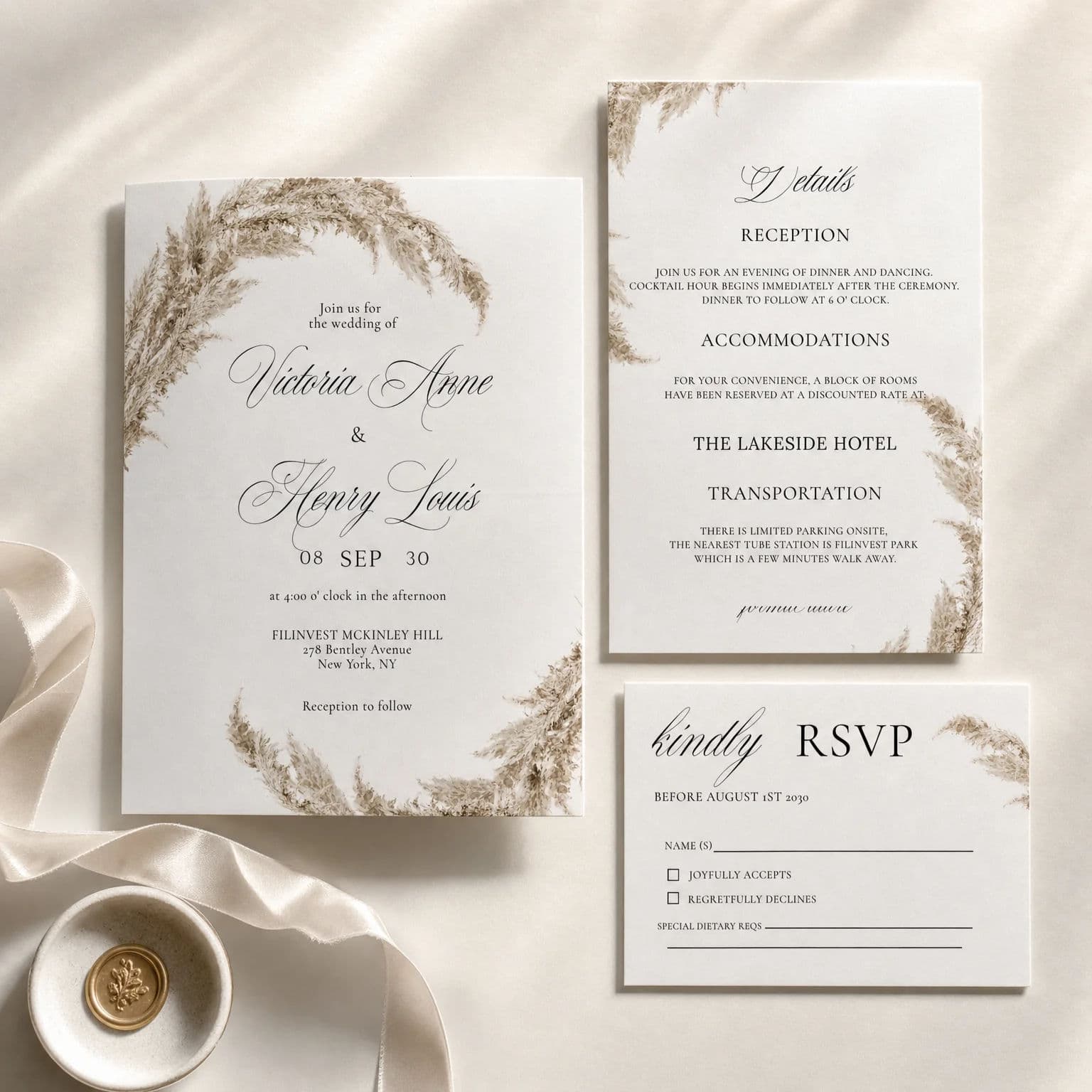 Premium editorial wedding stationery full suite mockup photographed at a slight overhead angle in soft natural light.